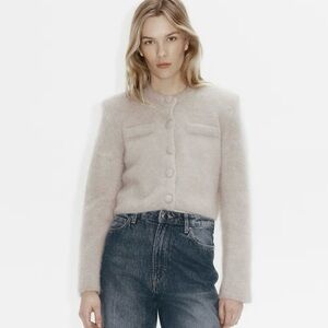 H&M NWT LIGHT TAUPE MOHAIR-BLEND CARDIGAN WITH SHOULDER PADS SIZE SMALL